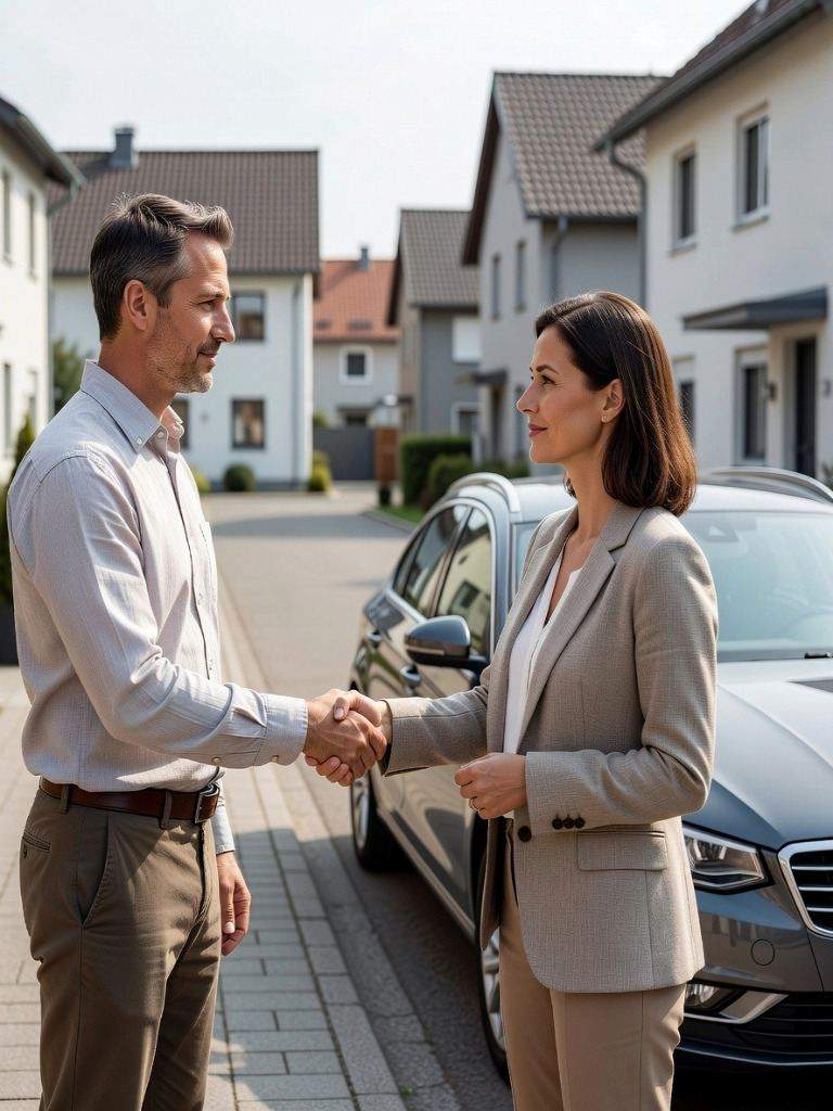 seriöser und geprüfter Autoankäufer mitten beim Vertragsabschluss in einer Wohngegend in Sundern